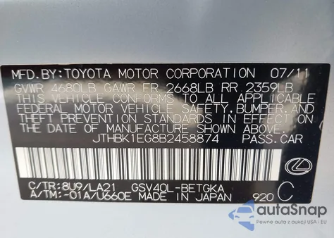 2011 Lexus Es 350 from USA, damaged, VIN JTHBK1EG8B2458874